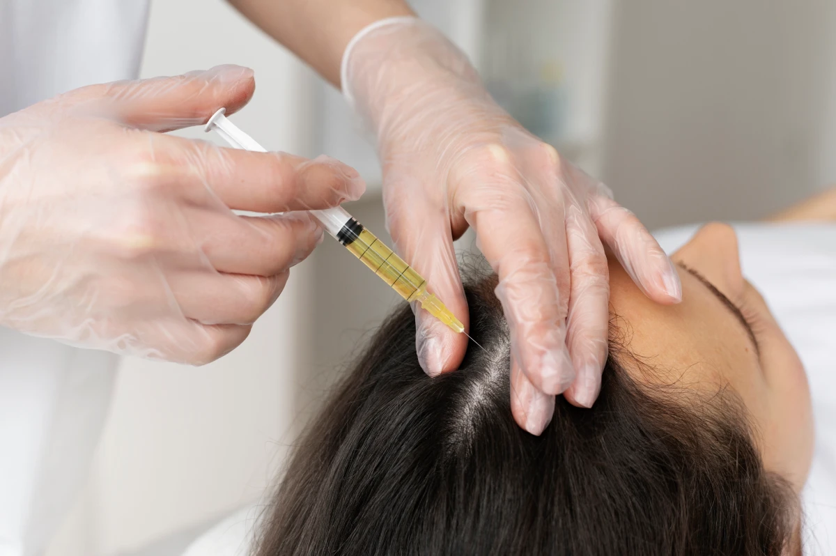 Clinician administering an injection to the scalp during illustrative PRP hair treatment